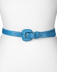 Give your waistline a shot of color with this snake-embossed leather belt from Via Spiga. Team it with a pair of black trousers and a blouse to make the most of the cool hue. Give your waistline a shot of color with this snake-embossed leather belt from Via Spiga. Team it with a pair of black trousers and a blouse to make the most of the cool hue.