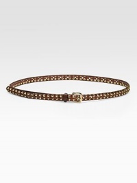 THE LOOKA slim strap with rows of round and squared shiny studs Polished rectangular buckleTHE FIT½WTHE MATERIALLeatherORIGINImported THE LOOKA slim strap with rows of round and squared shiny studs Polished rectangular buckleTHE FIT½WTHE MATERIALLeatherORIGINImported