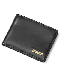 Wrought in quality burnished leather, this slim bifold wallet features a logo plaque on the front, a clear ID holder, 3 credit card slots and 1 cash slot. Wrought in quality burnished leather, this slim bifold wallet features a logo plaque on the front, a clear ID holder, 3 credit card slots and 1 cash slot.