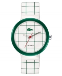 Hit the courts or the office with this upbeat men's and women's watch from Lacoste. White and green patterned silicone strap. Round green plastic case and round green and white patterned dial with logo. Quartz movement. Water resistant to 30 meters. Two-year limited warranty. Hit the courts or the office with this upbeat men's and women's watch from Lacoste. White and green patterned silicone strap. Round green plastic case and round green and white patterned dial with logo. Quartz movement. Water resistant to 30 meters. Two-year limited warranty.