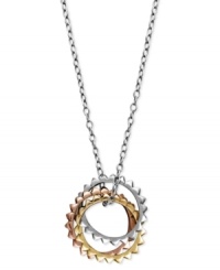 Mix and matchable style at its finest. Studio Silver's versatile tri tone pendant highlights three, interlocking rings with beaded edges. Crafted in sterling silver, 18k rose gold over sterling silver, and 18k gold over sterling silver. Approximate length: 16 inches. Approximate drop: 1/2 inch. Mix and matchable style at its finest. Studio Silver's versatile tri tone pendant highlights three, interlocking rings with beaded edges. Crafted in sterling silver, 18k rose gold over sterling silver, and 18k gold over sterling silver. Approximate length: 16 inches. Approximate drop: 1/2 inch.