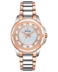 Rose-gold accents keep your outfits warm and on-trend with this Bulova watch. Rose-gold accents keep your outfits warm and on-trend with this Bulova watch.