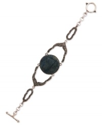 Fashion, front and center. Lucky Brand's flex bracelet is crafted from silver-tone mixed metal with glass accents and a semi-precious azurite stone in the middle for a bold touch. Approximate length: 7-5/8 inches. Fashion, front and center. Lucky Brand's flex bracelet is crafted from silver-tone mixed metal with glass accents and a semi-precious azurite stone in the middle for a bold touch. Approximate length: 7-5/8 inches.