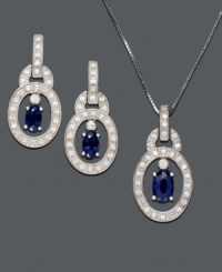 A stunning finish to your evening ensemble. Matching pendant and earrings feature diamond-accented sterling silver ovals with boldly blue oval-cut sapphire (1-1/8 ct. t.w.) at center. Approximate necklace length: 18 inches. Approximate pendant drop: 3/4 inch. Approximate earring drop: 1/4 inch. A stunning finish to your evening ensemble. Matching pendant and earrings feature diamond-accented sterling silver ovals with boldly blue oval-cut sapphire (1-1/8 ct. t.w.) at center. Approximate necklace length: 18 inches. Approximate pendant drop: 3/4 inch. Approximate earring drop: 1/4 inch.