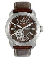 A gentleman's watch, by Bulova. Brown leather strap and round stainless steel case. Textured brown dial with silver tone stick indices, logo, transparent window and two hands. Self-winding mechanical movement. Water resistant to 30 meters. Three-year limited warranty. A gentleman's watch, by Bulova. Brown leather strap and round stainless steel case. Textured brown dial with silver tone stick indices, logo, transparent window and two hands. Self-winding mechanical movement. Water resistant to 30 meters. Three-year limited warranty.