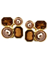 With a four-corner silhouette, these earrings from Anne Klein add a spark to your look with plastic pearl and stone details. Clip-on backing for non-pierced ears. Crafted in gold tone mixed metal. Approximate diameter: 1 inch. With a four-corner silhouette, these earrings from Anne Klein add a spark to your look with plastic pearl and stone details. Clip-on backing for non-pierced ears. Crafted in gold tone mixed metal. Approximate diameter: 1 inch.