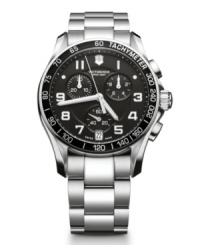 Classic with an edge. Push boundaries with this handsome watch by Victorinox Swiss Army. Stainless steel bracelet and round case with anti-reflective sapphire crystal. Black crystal with tachymeter scale in black. Black chronograph dial features applied luminous numerals, date window at six o'clock, three subdials, luminous hands and logo. Swiss quartz movement. Water resistant to 100 meters. Three-year limited warranty. Classic with an edge. Push boundaries with this handsome watch by Victorinox Swiss Army. Stainless steel bracelet and round case with anti-reflective sapphire crystal. Black crystal with tachymeter scale in black. Black chronograph dial features applied luminous numerals, date window at six o'clock, three subdials, luminous hands and logo. Swiss quartz movement. Water resistant to 100 meters. Three-year limited warranty.