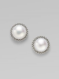 From the Luna Collection. A smooth, round pearl with a sterling silver bead border.8mm pearl Sterling silver Diameter, about ½ Post backs Imported From the Luna Collection. A smooth, round pearl with a sterling silver bead border.8mm pearl Sterling silver Diameter, about ½ Post backs Imported