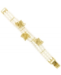 Bee-autifully chic! 2028's vintage-themed station bracelet features three rows of acrylic pearls with three intricate bumblebee charms. Set in gold-plated mixed metal. Approximate length: 7-1/2 inches. Bee-autifully chic! 2028's vintage-themed station bracelet features three rows of acrylic pearls with three intricate bumblebee charms. Set in gold-plated mixed metal. Approximate length: 7-1/2 inches.