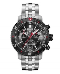 A sport watch from Tissot with a technologically advanced design you'll instantly love. The PRS 200 is crafted of stainless steel bracelet and round black PVD plated stainless steel case. Bezel features numerals and stick indices. Black chronograph dial features tachymeter scale, date window at four o'clock, luminous silver tone stick indices and hands, red second hand, minute track, three subdials and logo. Swiss quartz movement. Water resistant to 200 meters. Two-year limited warranty. A sport watch from Tissot with a technologically advanced design you'll instantly love. The PRS 200 is crafted of stainless steel bracelet and round black PVD plated stainless steel case. Bezel features numerals and stick indices. Black chronograph dial features tachymeter scale, date window at four o'clock, luminous silver tone stick indices and hands, red second hand, minute track, three subdials and logo. Swiss quartz movement. Water resistant to 200 meters. Two-year limited warranty.