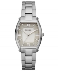 Brushed stainless steel and a unique barrel case define this Wallace collection watch by Fossil. Brushed stainless steel and a unique barrel case define this Wallace collection watch by Fossil.