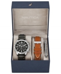 This Nautica watch set lets you swap out straps for when a new look and feel is needed. This Nautica watch set lets you swap out straps for when a new look and feel is needed.