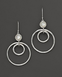 Bold, swingy sterling silver earrings with mother-of-pearl cabochons. Bold, swingy sterling silver earrings with mother-of-pearl cabochons.