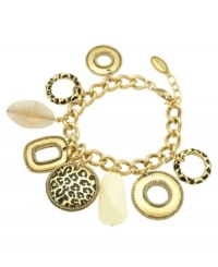 Live the charmed life with this exquisite design from T Tahari's Spot On collection. Crafted in 14k gold-plated mixed metal, this bracelet features a variety of golden charms and Colorado crystals perfectly placed on an antique gold tone cable chain. Nickel-free for sensitive skin. Approximate length: 7-1/2 inches + 3-inch extender. Live the charmed life with this exquisite design from T Tahari's Spot On collection. Crafted in 14k gold-plated mixed metal, this bracelet features a variety of golden charms and Colorado crystals perfectly placed on an antique gold tone cable chain. Nickel-free for sensitive skin. Approximate length: 7-1/2 inches + 3-inch extender.