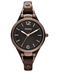 A thin leather strap holds a chocolate-hued case on this unique Georgia collection watch by Fossil. A thin leather strap holds a chocolate-hued case on this unique Georgia collection watch by Fossil.