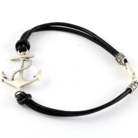 Sterling Silver Anchor Bracelet with Black Leather Cord Sterling Silver Anchor Bracelet with Black Leather Cord