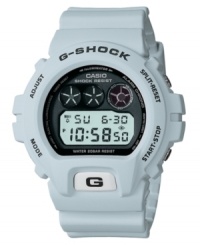 A great watch for working out or just work, this G-Shock watch keeps you in style and on time. Gray resin strap and round case. Black shock-resistant, digital display dial with stopwatch, calendar, backlight with afterglow and logo. Quartz movement. Water resistant to 200 meters. One-year limited warranty. A great watch for working out or just work, this G-Shock watch keeps you in style and on time. Gray resin strap and round case. Black shock-resistant, digital display dial with stopwatch, calendar, backlight with afterglow and logo. Quartz movement. Water resistant to 200 meters. One-year limited warranty.