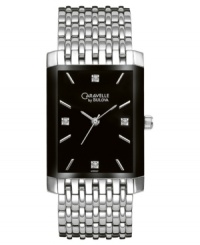 A handsome style from Caravelle by Bulova, this men's watch emanates refinement. With a silvertone stainless steel bracelet and rectangular case. Rectangular black dial with diamond accents at indices and logo. Quartz movement. Water resistant to 30 meters. Three-year limited warranty. A handsome style from Caravelle by Bulova, this men's watch emanates refinement. With a silvertone stainless steel bracelet and rectangular case. Rectangular black dial with diamond accents at indices and logo. Quartz movement. Water resistant to 30 meters. Three-year limited warranty.