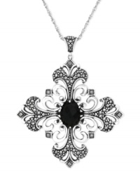 Gothic glamour. This necklace and pendant from Genevieve & Grace is set in sterling silver with marcasite and a faceted oval onyx adding to the daring look. Approximate length: 18 inches. Approximate drop: 2 inches. Approximate diameter: 1-5/8 inches. Gothic glamour. This necklace and pendant from Genevieve & Grace is set in sterling silver with marcasite and a faceted oval onyx adding to the daring look. Approximate length: 18 inches. Approximate drop: 2 inches. Approximate diameter: 1-5/8 inches.