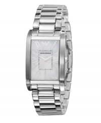 Classic good taste for every day. Watch by Emporio Armani crafted of stainless steel bracelet and rectangular case. Mother-of-pearl dial features silver tone Roman numerals at markers, black minute track, two silver tone hands and logo. Quartz movement. Water resistant to 30 meters. Two-year limited warranty. Classic good taste for every day. Watch by Emporio Armani crafted of stainless steel bracelet and rectangular case. Mother-of-pearl dial features silver tone Roman numerals at markers, black minute track, two silver tone hands and logo. Quartz movement. Water resistant to 30 meters. Two-year limited warranty.