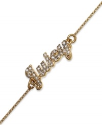 The write stuff. Juicy Couture plays the name game in winning fashion with this bracelet crafted from gold tone brass with cubic zirconia accents (1/2 ct. t.w.). Approximate length: 6-1/2 inches + 1/2-inch extender. The write stuff. Juicy Couture plays the name game in winning fashion with this bracelet crafted from gold tone brass with cubic zirconia accents (1/2 ct. t.w.). Approximate length: 6-1/2 inches + 1/2-inch extender.