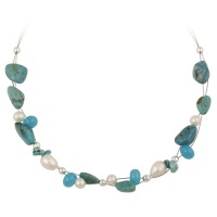 Sterling Silver Bead, Turquoise and Freshwater Cultured Pearl Illusion Necklace, 16+3 Sterling Silver Bead, Turquoise and Freshwater Cultured Pearl Illusion Necklace, 16+3