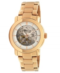 Rosy-cheeked, exposed timepiece by Kenneth Cole New York. Crafted of rose-gold ion-plated stainless steel bracelet and round case. Skeleton dial features rose-gold tone stick indices, minute track, three hands and logo. Automatic movement. Water resistant to 30 meters. Limited lifetime warranty. Rosy-cheeked, exposed timepiece by Kenneth Cole New York. Crafted of rose-gold ion-plated stainless steel bracelet and round case. Skeleton dial features rose-gold tone stick indices, minute track, three hands and logo. Automatic movement. Water resistant to 30 meters. Limited lifetime warranty.