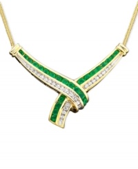 Light up the room with a lovely necklace featuring round-cut emeralds (1-1/4 ct. t.w.) and round-cut diamonds (1/4 ct. t.w.). Set in 14k gold. Chain measures 16 inches; drop measures 1-1/4 inches.