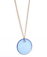 Update your look with this modern style. Kenneth Cole New York's trendy pendant features a shimmery blue glass circle on a long gold-plated mixed metal chain. Approximate length: 30 inches + 3-inch extender. Approximate drop: 2-1/2 inches. Update your look with this modern style. Kenneth Cole New York's trendy pendant features a shimmery blue glass circle on a long gold-plated mixed metal chain. Approximate length: 30 inches + 3-inch extender. Approximate drop: 2-1/2 inches.