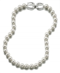 Add a taste of timeless glamour to your wardrobe with this radiant glass pearl (10 mm) necklace. Set in rhodium-plated silvertone mixed metal. Measures approximately 18 inches long. Add a taste of timeless glamour to your wardrobe with this radiant glass pearl (10 mm) necklace. Set in rhodium-plated silvertone mixed metal. Measures approximately 18 inches long.