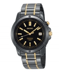 Pass the time with refined elegance. This Seiko watch features an ion-plated black and goldtone stainless steel bracelet and round case, 39mm. Black dial with goldtone stick indices, perpetual calendar, logo and date window. Quartz movement. Water resistant to 100 meters. Three-year limited warranty. Pass the time with refined elegance. This Seiko watch features an ion-plated black and goldtone stainless steel bracelet and round case, 39mm. Black dial with goldtone stick indices, perpetual calendar, logo and date window. Quartz movement. Water resistant to 100 meters. Three-year limited warranty.