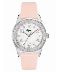 Take full advantage of Lacoste's seamless mixture of fashion chic and sporty reliability. Crafted of pink logo-stamped silicone strap and round stainless steel case. Bezel embellished with crystal accents. Mother-of-pearl dial features rose-gold tone numerals and dot markers, minute track, three hands and iconic crocodile logo at twelve o'clock. Quartz movement. Water resistant to 50 meters. Two-year limited warranty. Take full advantage of Lacoste's seamless mixture of fashion chic and sporty reliability. Crafted of pink logo-stamped silicone strap and round stainless steel case. Bezel embellished with crystal accents. Mother-of-pearl dial features rose-gold tone numerals and dot markers, minute track, three hands and iconic crocodile logo at twelve o'clock. Quartz movement. Water resistant to 50 meters. Two-year limited warranty.