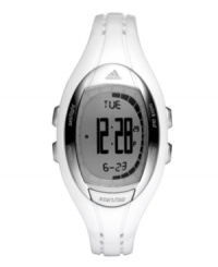 A watch that can keep up with your routine: the Lahar by adidas. White polyurethane strap and oval plastic case with silver tone metal bezel. Positive display digital dial with gray background features black digits displaying time, day, date, countdown timer, interval timer and 10-lap memory. Quartz movement. Water resistant to 100 meters. Two-year limited warranty. A watch that can keep up with your routine: the Lahar by adidas. White polyurethane strap and oval plastic case with silver tone metal bezel. Positive display digital dial with gray background features black digits displaying time, day, date, countdown timer, interval timer and 10-lap memory. Quartz movement. Water resistant to 100 meters. Two-year limited warranty.