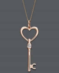 Sweet romance. Give the gift of love with this sparkling style. A trendy heart key pendant is crafted in 14k rose gold with sparkling round-cut diamonds (1/10 ct. t.w.) for extra shine. Approximate length: 18 inches. Approximate drop: 1-3/4 inches. Sweet romance. Give the gift of love with this sparkling style. A trendy heart key pendant is crafted in 14k rose gold with sparkling round-cut diamonds (1/10 ct. t.w.) for extra shine. Approximate length: 18 inches. Approximate drop: 1-3/4 inches.