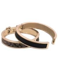 GUESS heeds the call of the wild with this hinge bracelet set. Crafted from gold-tone mixed metal, the set features a snakeskin motif. Approximate diameter: 2-1/4 inches. GUESS heeds the call of the wild with this hinge bracelet set. Crafted from gold-tone mixed metal, the set features a snakeskin motif. Approximate diameter: 2-1/4 inches.