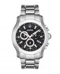 Classic tailoring and state-of-the-art precision are hallmarks of this Stratford collection watch by Bulova Accutron. Stainless steel bracelet and round case with curved sapphire crystal. Black chronograph dial features tachymeter scale, silver tone stick indices, minute track, date window at four o'clock, three subdials, luminous hands and logo. Swiss quartz movement. Water resistant to 50 meters. Five-year limited warranty. Classic tailoring and state-of-the-art precision are hallmarks of this Stratford collection watch by Bulova Accutron. Stainless steel bracelet and round case with curved sapphire crystal. Black chronograph dial features tachymeter scale, silver tone stick indices, minute track, date window at four o'clock, three subdials, luminous hands and logo. Swiss quartz movement. Water resistant to 50 meters. Five-year limited warranty.