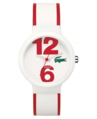 Bold red energizes this Goa sport watch by Lacoste. White silicone strap with red trim and round case. White dial features oversized red numerals at twelve and six o'clock, iconic crocodile logo at three o'clock, white hour and minute hands and red second hand. Quartz movement. Water resistant to 30 meters. Two-year limited warranty.