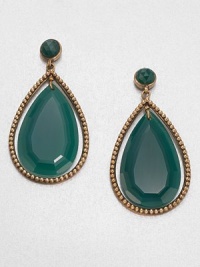 Elegant pear-shaped green agate with a bronze frame inspired by the designer's love of nature's bounty. Green agateBronzeDrop, about 2.25Post backMade in USA Elegant pear-shaped green agate with a bronze frame inspired by the designer's love of nature's bounty. Green agateBronzeDrop, about 2.25Post backMade in USA