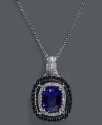 Sparkling bliss. Add luxury with Effy Collection's stunning cushion-cut pendant. Set in 14k white gold, necklace highlights a diffused ceylon sapphire (1-3/4 ct. t.w.) surrounded by round-cut white diamonds (1/8 ct. t.w.) and black diamonds (1/4 ct. t.w.). Approximate length: 18 inches. Approximate drop length: 9/10 inch. Approximate drop width: 1/2 inch. Sparkling bliss. Add luxury with Effy Collection's stunning cushion-cut pendant. Set in 14k white gold, necklace highlights a diffused ceylon sapphire (1-3/4 ct. t.w.) surrounded by round-cut white diamonds (1/8 ct. t.w.) and black diamonds (1/4 ct. t.w.). Approximate length: 18 inches. Approximate drop length: 9/10 inch. Approximate drop width: 1/2 inch.