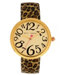 Right on time for all nine lives. Watch by Betsey Johnson crafted of leopard print plated stainless steel expansion bracelet and oversized round gold tone stainless steel case. Champagne dial features black numerals, gold tone hour and minute hands, signature fuchsia second hand and logo. Quartz movement. Water resistant to 30 meters. Two-year limited warranty. Right on time for all nine lives. Watch by Betsey Johnson crafted of leopard print plated stainless steel expansion bracelet and oversized round gold tone stainless steel case. Champagne dial features black numerals, gold tone hour and minute hands, signature fuchsia second hand and logo. Quartz movement. Water resistant to 30 meters. Two-year limited warranty.