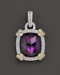 A rich purple crystal is trimmed in 18K yellow gold, sterling silver and white sapphires on this clip-on enhancer from Judith Ripka. A rich purple crystal is trimmed in 18K yellow gold, sterling silver and white sapphires on this clip-on enhancer from Judith Ripka.