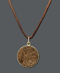Rich design featuring warm, earthy hues. This naturally appealing necklace features a 14k gold setting and bail with a sparkling bronze drusy decoration at center. Pendant suspended from a brown knotted cord. Approximate length: 20 inches. Approximate drop: 1-1/5 inches. Rich design featuring warm, earthy hues. This naturally appealing necklace features a 14k gold setting and bail with a sparkling bronze drusy decoration at center. Pendant suspended from a brown knotted cord. Approximate length: 20 inches. Approximate drop: 1-1/5 inches.