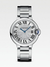 Distinctive stainless steel design with blue hands and large Roman numeral dial. Stainless steel case and bracelet Case, 36.5mm X 12mm, 1.44 X 0.47 Water ressitant to 30M Quartz movement Band width, 18mm, 0.71 Made in Switzerland Distinctive stainless steel design with blue hands and large Roman numeral dial. Stainless steel case and bracelet Case, 36.5mm X 12mm, 1.44 X 0.47 Water ressitant to 30M Quartz movement Band width, 18mm, 0.71 Made in Switzerland