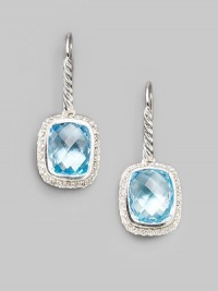 From the Noblesse Collection. A squared drop of faceted blue topaz, framed by sparkling diamonds, hangs from a cable of sterling silver. Diamonds, 0.42 tcw Blue topaz Sterling silver Drop, about ½ Ear wire Imported From the Noblesse Collection. A squared drop of faceted blue topaz, framed by sparkling diamonds, hangs from a cable of sterling silver. Diamonds, 0.42 tcw Blue topaz Sterling silver Drop, about ½ Ear wire Imported