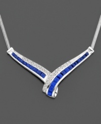 Round-cut sapphires (2 ct. t.w.) paired with sparkling round-cut diamonds (1/10 ct. t.w.) covey colorful elegance. Set in 14k white gold. Chain measures 15 inches; drop measures 1-1/4 inches. Round-cut sapphires (2 ct. t.w.) paired with sparkling round-cut diamonds (1/10 ct. t.w.) covey colorful elegance. Set in 14k white gold. Chain measures 15 inches; drop measures 1-1/4 inches.