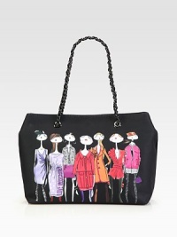 A colorful and whimsical print on luxurious satin with a chic chain strap.Double laced chain top handles, 9½ dropMagnetic snap closureOne inside zip pocketTwo inside open pocketsVinyl trimSatin lining14W X 10¾H X 4¾DImported A colorful and whimsical print on luxurious satin with a chic chain strap.Double laced chain top handles, 9½ dropMagnetic snap closureOne inside zip pocketTwo inside open pocketsVinyl trimSatin lining14W X 10¾H X 4¾DImported