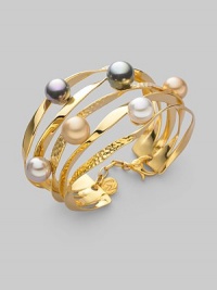 From the Ribbon Collection. Graceful golden ribbons, some smooth, some textured, hold lustrous pearls in a spectrum of soft shades. 10mm round white, grey, nuage and champagne man-made organic pearls 18k goldplated sterling silver Diameter, about 2¼ Width, about 1½ Lobster clasp Made in Spain From the Ribbon Collection. Graceful golden ribbons, some smooth, some textured, hold lustrous pearls in a spectrum of soft shades. 10mm round white, grey, nuage and champagne man-made organic pearls 18k goldplated sterling silver Diameter, about 2¼ Width, about 1½ Lobster clasp Made in Spain
