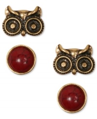 Sassy studs. Lucky Brand's stud earring set features a cheeky owl head and a semi-precious reconstituted calcite stone. Crafted in gold tone mixed metal. Approximate diameter: 1 inch. Sassy studs. Lucky Brand's stud earring set features a cheeky owl head and a semi-precious reconstituted calcite stone. Crafted in gold tone mixed metal. Approximate diameter: 1 inch.