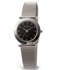 Evening elegance and sleek, streamlined style. This Skagen Denmark watch features a stainless steel bracelet and round case. Black dial with logo and Swarovski crystals at markers. Quartz movement. Water resistant to 30 meters. Limited lifetime warranty. Evening elegance and sleek, streamlined style. This Skagen Denmark watch features a stainless steel bracelet and round case. Black dial with logo and Swarovski crystals at markers. Quartz movement. Water resistant to 30 meters. Limited lifetime warranty.