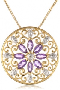 18k Yellow Gold Plated Sterling Silver African Amethyst and Diamond Accent Medallion Pendant Necklace, 18 18k Yellow Gold Plated Sterling Silver African Amethyst and Diamond Accent Medallion Pendant Necklace, 18